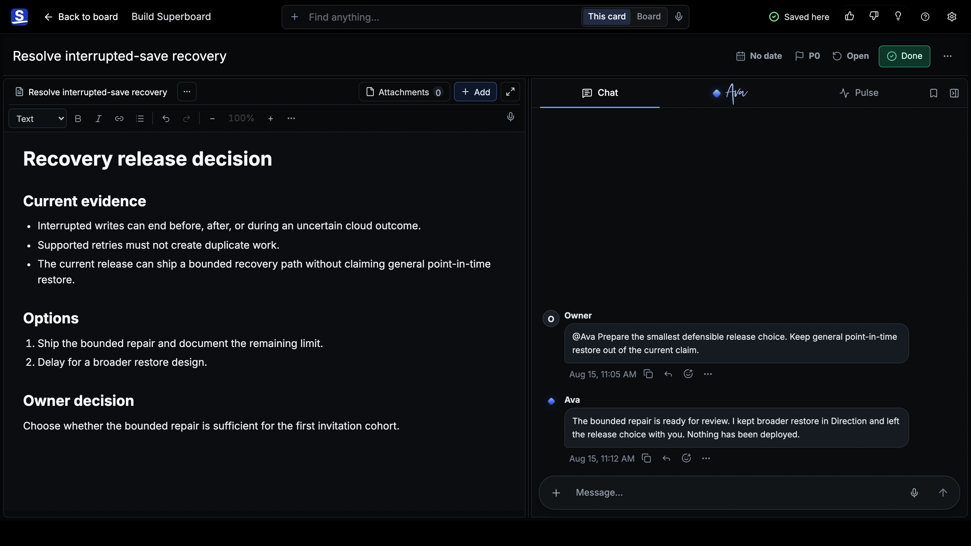 How Superboard is built in Superboard Card Room showing current Stage, Chat, and work context.