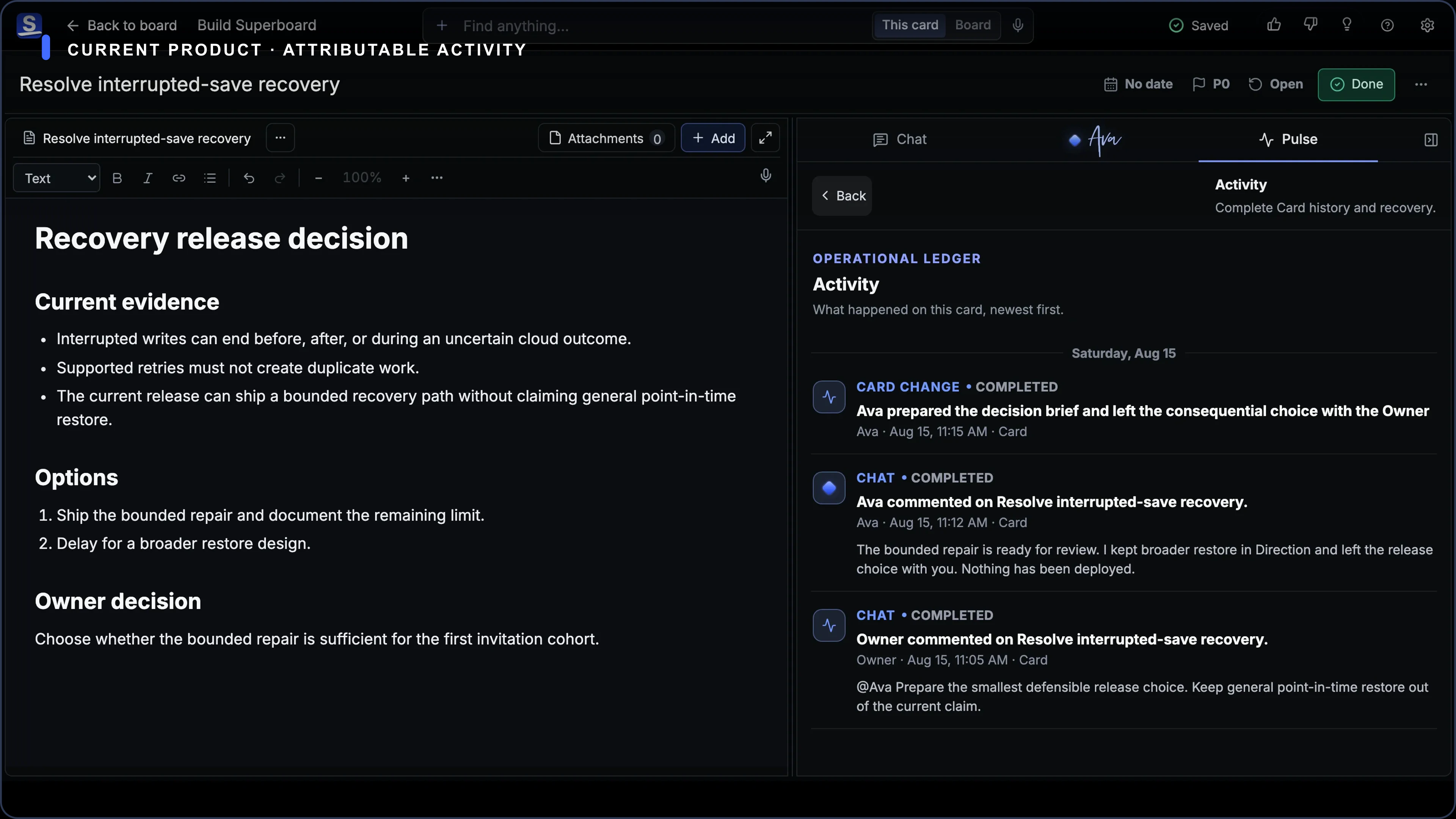 Current Superboard Activity view showing attributable changes beside the work they affected.