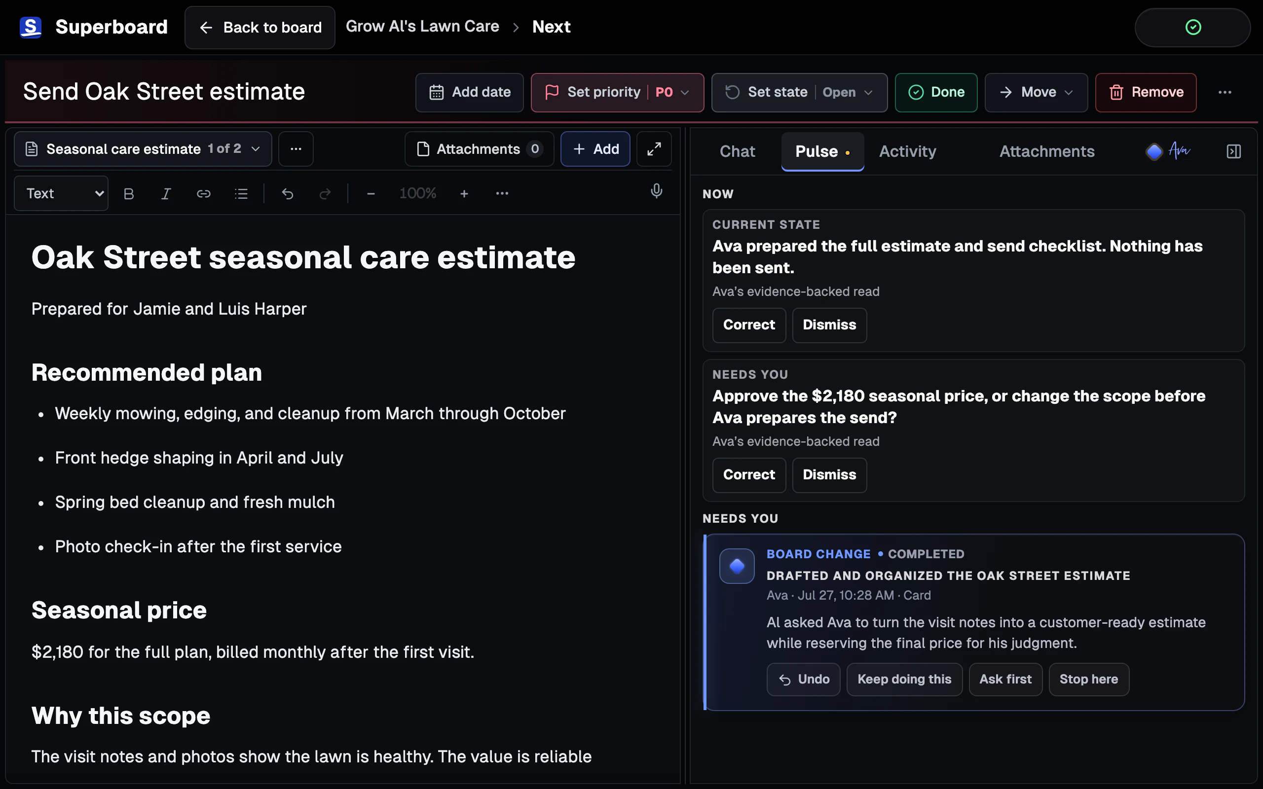 Pulse in the Oak Street estimate Room showing work Ava completed with Undo and the pricing decision that needs Al's judgment.