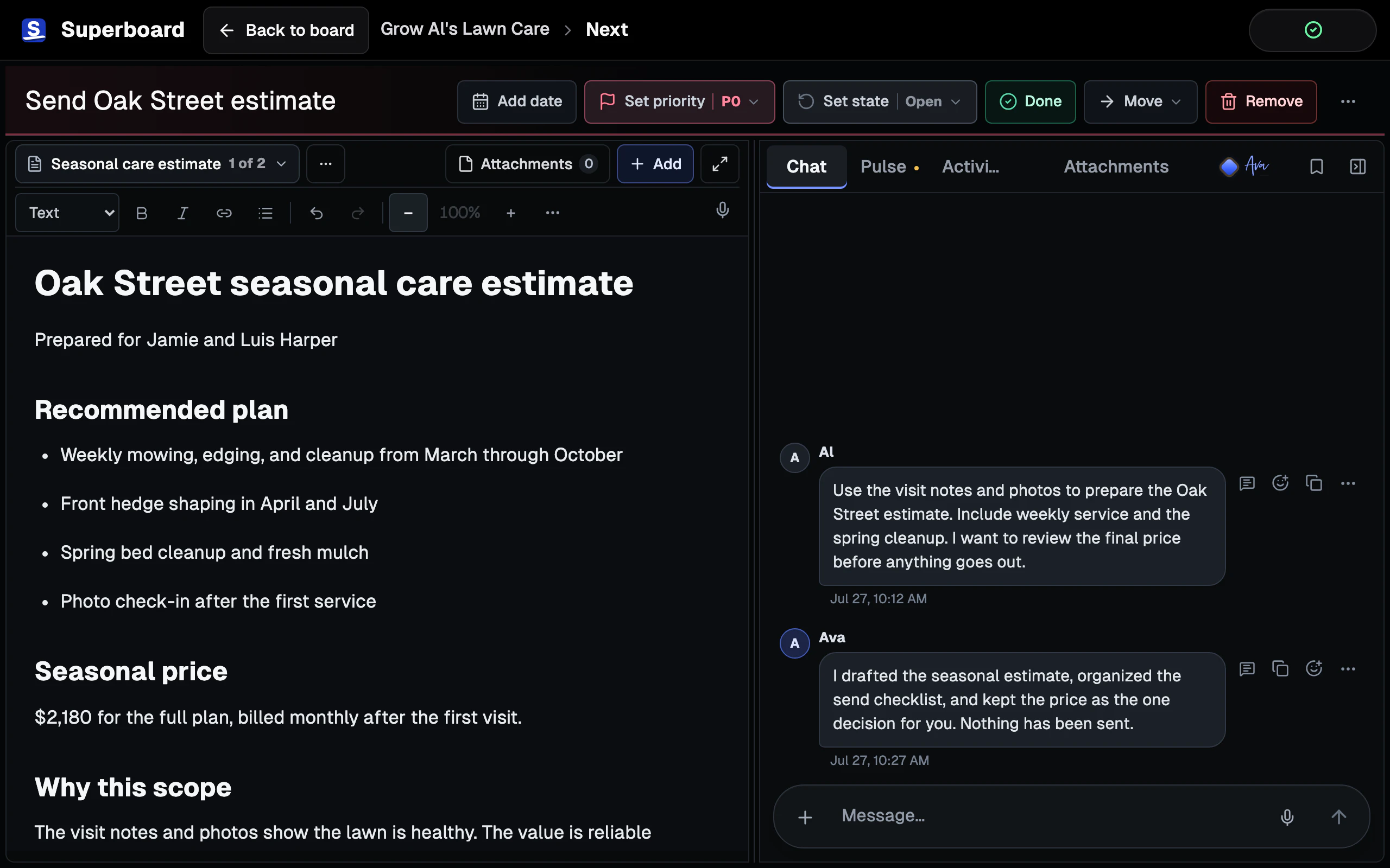 The Oak Street estimate Room in Al's Lawn Care, with a working estimate on Stage and Chat, Pulse, Activity, and artifact navigation visible.